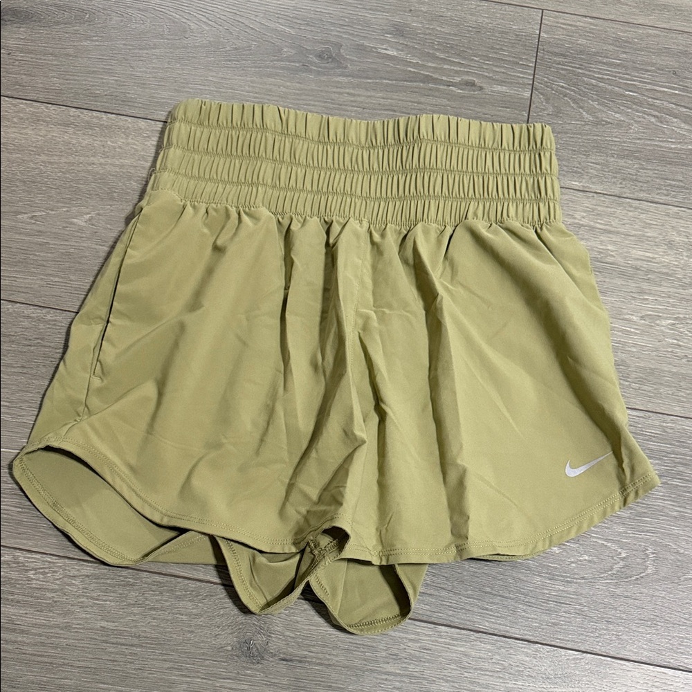Nike Women's Light Olive Athletic Shorts with Shirred Waist